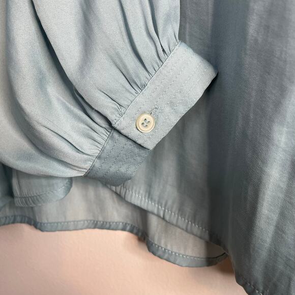 LOFT Ann Taylor Split Neck Flowy Puff Balloon Sleeve Top Coastal Blue M New NWT - Picture 7 of 12